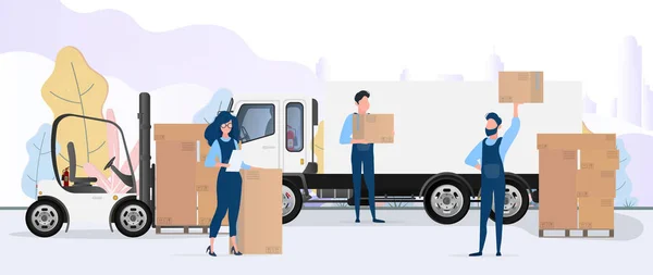 Μετακίνηση Πανό Μετακομίζω Νέο Μέρος Λευκό Φορτηγό Μεταφορείς Μεταφέρουν Κουτιά — Διανυσματικό Αρχείο