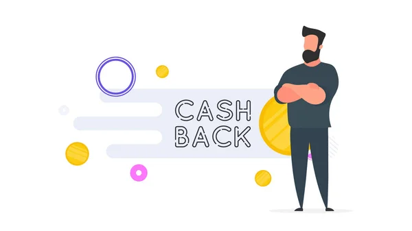 Banner Cashback Empresario Una Montaña Dinero Hombre Está Cerca Monedas — Archivo Imágenes Vectoriales