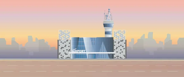 Ilustración Edificio Terminal Aéreo Con Avión Grande Avión Despegando Contra — Archivo Imágenes Vectoriales