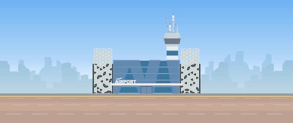 Illustration of an air terminal building with a large plane and an airplane taking off against the background of a modern city. Flat cartoon style.