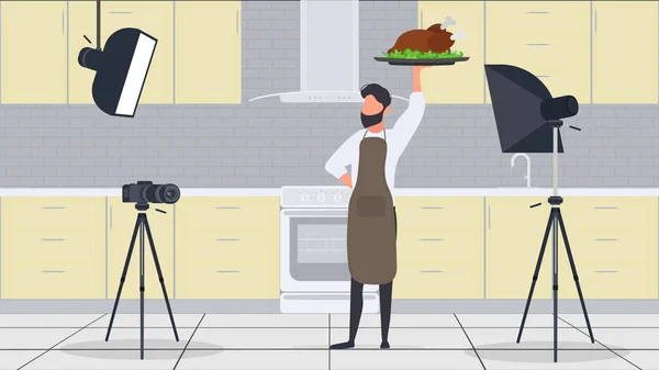 Чоловічий Кухар Кухні Має Кулінарний Блог Хлопець Кухонному Фартусі Тримає — стоковий вектор