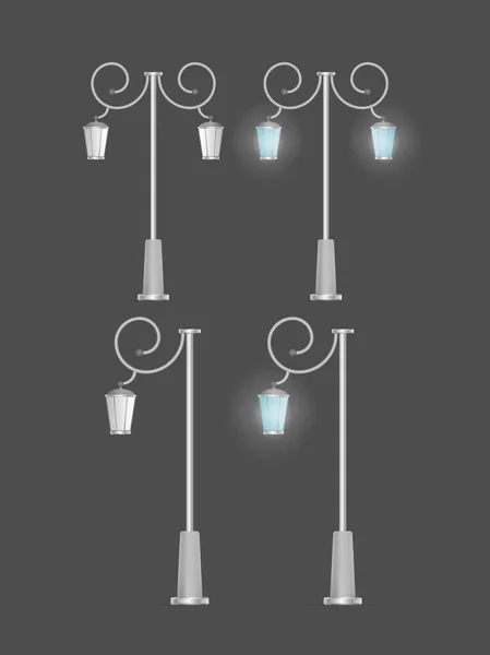 Ensemble Lampadaires Réalistes Les Lanternes Métalliques Brillent Vecteur — Image vectorielle