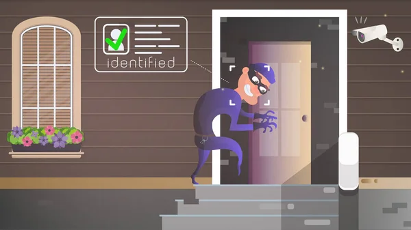 泥棒は家に忍び込んでいる 強盗はドアを割ろうとしている セキュリティの概念 ベクターイラスト — ストックベクタ