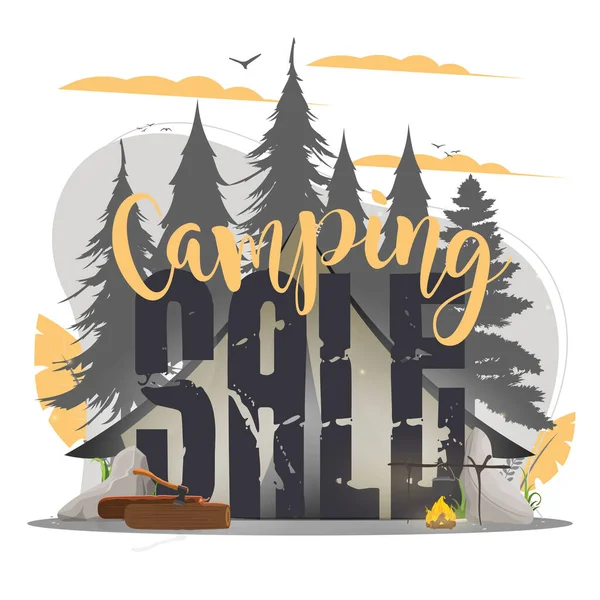 Camping Vendita Testo Banner Natura Paesaggio Illustrazione Vettoriale — Vettoriale Stock
