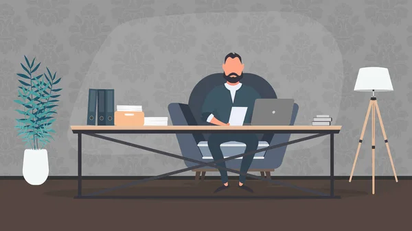 Geschäftsmann Sitzt Mit Computer Tisch Und Arbeitet Büro — Stockvektor