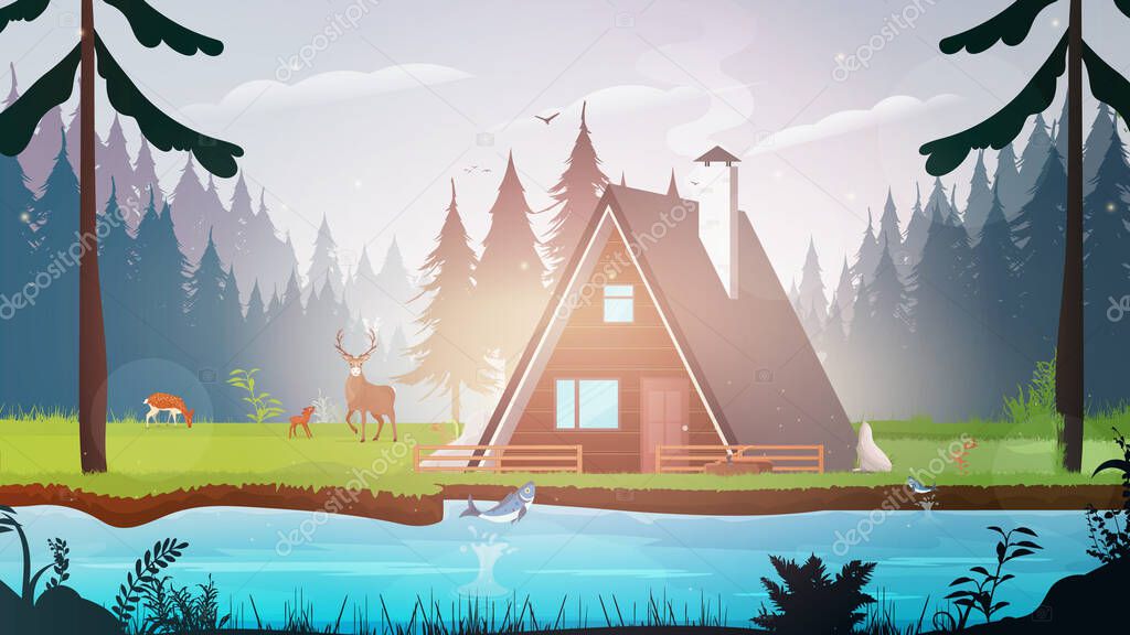 House near the river. Lake landscape with a beautiful hut. Vector illustration of a forest with a pond or swamp with a wooden house.