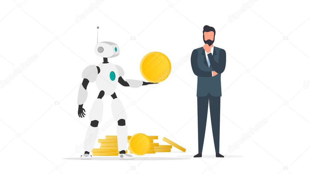 businessman in the office with robot holding coin