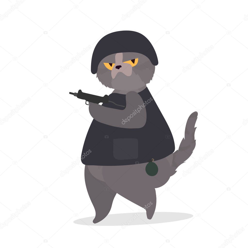 funny cat with a serious look holds a gun in its paws. A cat in military uniform holds a weapon. Good for stickers, t-shirts and cards. Isolated. Vector.