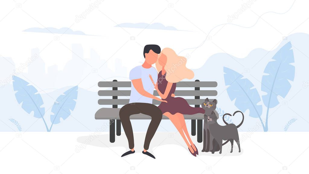 Loving couple snuggling on a bench. Boyfriend, girl, cats, hugs, love. Design element on the theme of Valentine's Day. Vector.