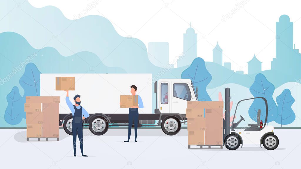 delivery service concept. man in uniform with boxes and truck. vector illustration