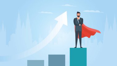 Gökyüzünde kırmızı okları ve okları olan bir iş adamı.