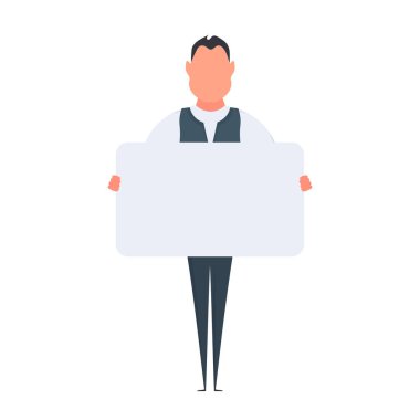 Mesaj için yeri olan boş bir poster. Beyaz arka planda izole edilmiş boş bir pankart tutan adam. Adam afişi gösteriyor. Vektör