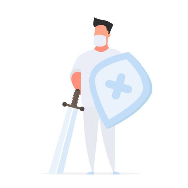 Tıbbi maskeli bir doktor, ilaçlar. Vektör.