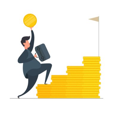 Zıplayarak mutlu bir iş adamı. Elinde bavul ve elinde altın sikke olan bir iş adamı. Dağ gibi para. Dolar, tomar tomar para, altın paralar. Vektör.