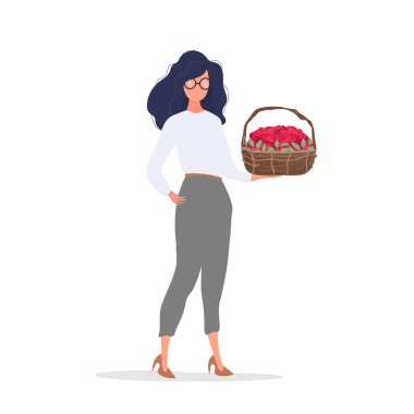 Elinde bir sepet çiçekle genç bir kadın. vektör illüstrasyonu