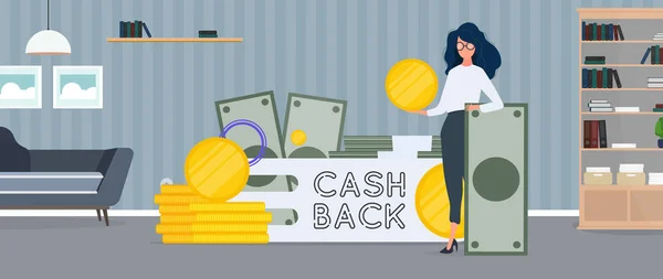 Banner Cashback Empresaria Una Montaña Dinero Hombre Está Cerca Monedas — Archivo Imágenes Vectoriales