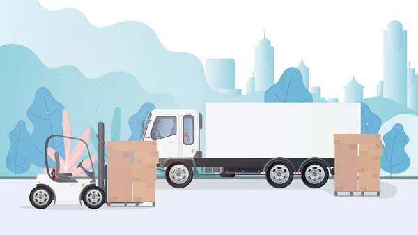 Camion Livraison Avec Remorque Camions Sur Fond Ville — Image vectorielle