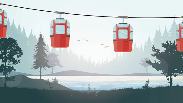 Feenwald Mit Fluss Seilbahn Mit Anhänger Wald Cartoon Stil Vektorillustration — Stockvektor