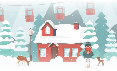 Küçük kız elinde sıcak bir içecek tutuyor. Karlı bir ormanda ev. Geyik, Noel ağaçları, dağlar, kar, teleferik veya füniküler. Vektör illüstrasyonu.