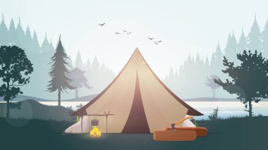 Göl manzarası, orman, ateş, çam ağacı ve çadır. Vahşi doğada turizm ve eğlencenin düz vektör çizimi.