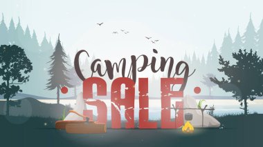 Kamp bayrağı. Orman. Ağaç siluetleri. Geçmiş ve kartpostallar için iyi. Vektör.