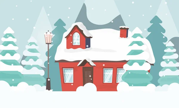 Будинок Засніженому Лісі Ялинки Гори Сніг Векторні Ілюстрації — стоковий вектор