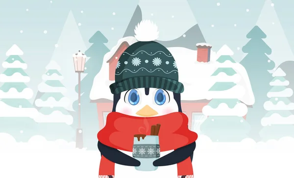 모자를 스카프를 귀여운 뜨거운 음료를 눈덮인 집입니다 크리스마스 일러스트 — 스톡 벡터