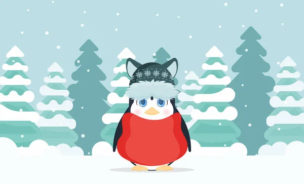 Petit Pingouin Look Mignon Dresse Dans Une Forêt Enneigée Hivernale — Image vectorielle