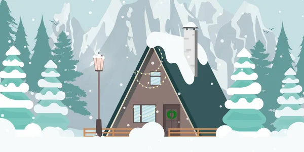 Maison Dans Une Forêt Enneigée Arbres Noël Montagnes Neige Style — Image vectorielle