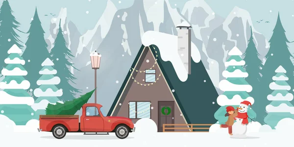Casa Bosque Nevado Coche Rojo Con Árbol Navidad Chica Hace — Vector de stock