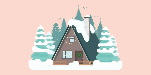 Concept House Bosque Nevado Con Vistas Montaña Vector — Vector de stock