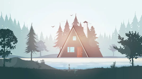 Maison Près Rivière Paysage Lacustre Avec Une Belle Cabane Illustration — Image vectorielle