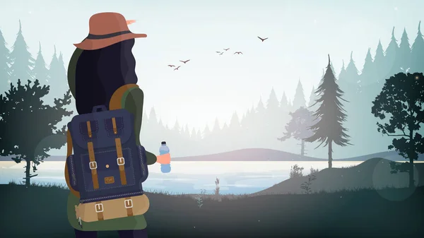 一个背着旅游背包的女孩向远方望去 风景与湖泊 松树和帐篷 野外旅游和娱乐的平面矢量图解 — 图库矢量图片