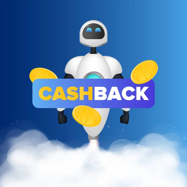 Banner Cashback Bílý Robot Vzlétl Stopy Kouře Realistický Styl Vektor — Stockový vektor