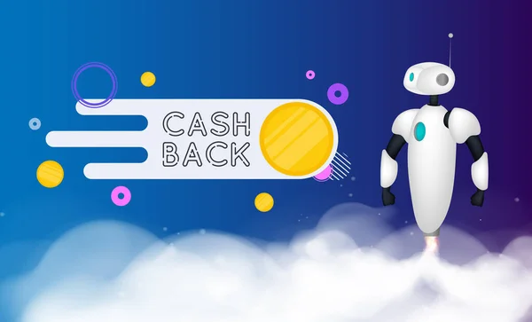 Bannière Cashback Robot Blanc Décolle Des Traces Fumée Style Réaliste — Image vectorielle