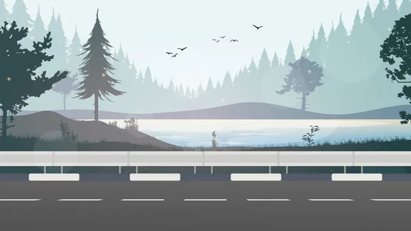 Une Route Droite Vide Près Rivière Forêt Horizon Illustration Vectorielle — Image vectorielle