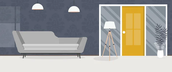Habitación Moderna Con Sofá Lámpara Planta Interior Estilo Dibujos Animados — Vector de stock