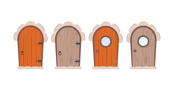 アンティーク木製のドアのセット 石のクラッディングとステップ 木の質感 漫画風 孤立したベクトル図 — ストックベクタ