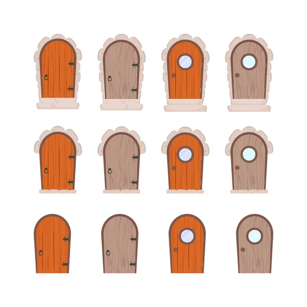 アンティーク木製のドアの大規模なセット 石のクラッディングとステップ 木の質感 漫画風 孤立したベクトル図 — ストックベクタ
