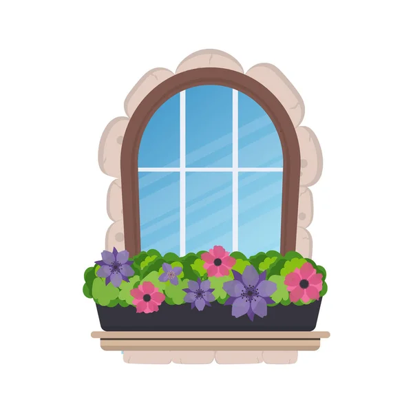 窗户与花朵隔离 石头填充物游戏或房屋的设计元素 — 图库矢量图片