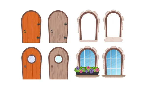 Juego Puertas Ventanas Revestimiento Piedra Elementos Para Diseño Juegos Casas — Vector de stock