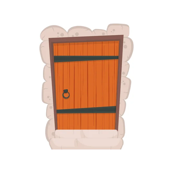 アンティークの長方形の木製の入り口のドア 石のクラッディング 漫画風 隔離されてる ベクトル — ストックベクタ