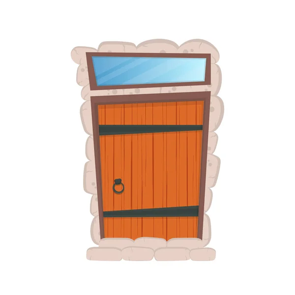 アンティークの長方形の木製の入り口のドア ドアの上の窓 石のクラッディング 漫画風 隔離されてる ベクトル — ストックベクタ