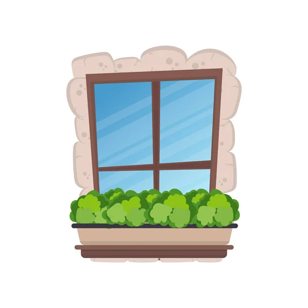 Rechteckiges Fenster Mit Blumen Cartoon Stil Steinverkleidung Für Die Gestaltung — Stockvektor
