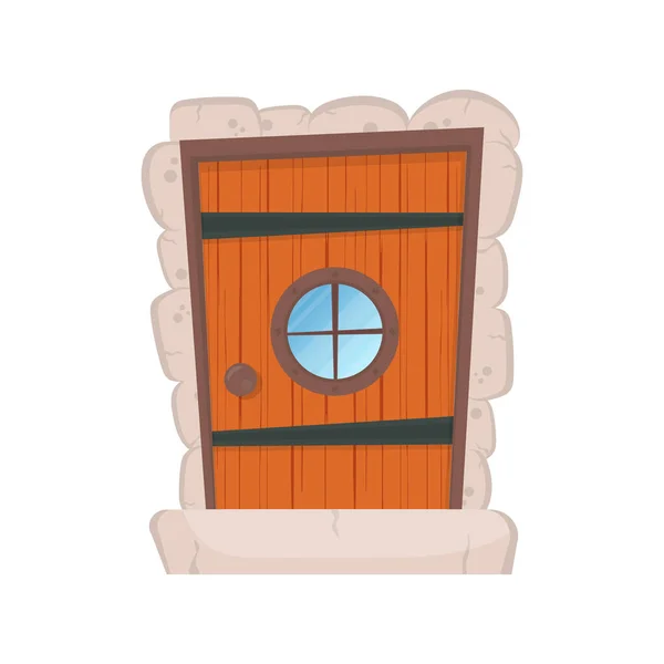 Yuvarlak Pencereli Antik Dikdörtgen Ahşap Giriş Kapısı Taş Kaplama Çizgi — Stok Vektör