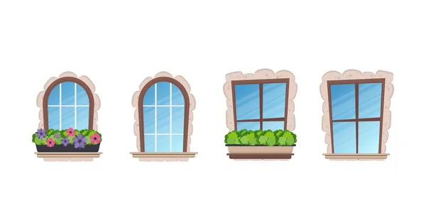 Set Ventanas Estilo Dibujos Animados Revestimiento Piedra Para Diseño Juegos — Archivo Imágenes Vectoriales