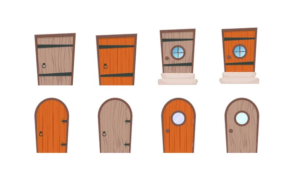 Set Puertas Madera Estilo Caricatura Elementos Para Diseño Juegos Casas — Archivo Imágenes Vectoriales