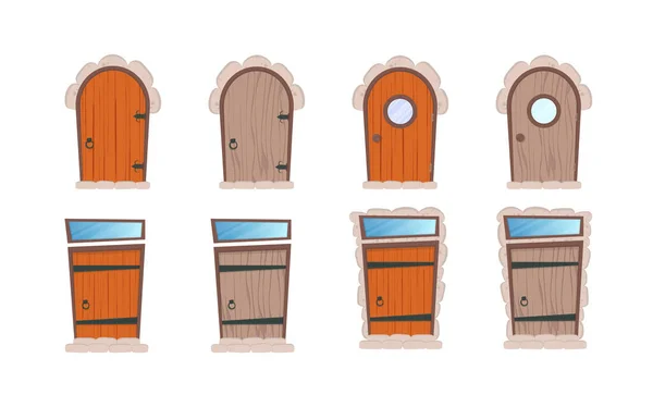 Набір Дерев Яних Дверей Мультиплікаційному Стилі Елементи Дизайну Ігор Або — стоковий вектор