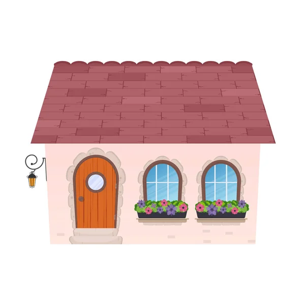 Маленький Загородный Дом Полуподвальной Дверью Дом Плоском Карикатурном Стиле Изолирована — стоковый вектор