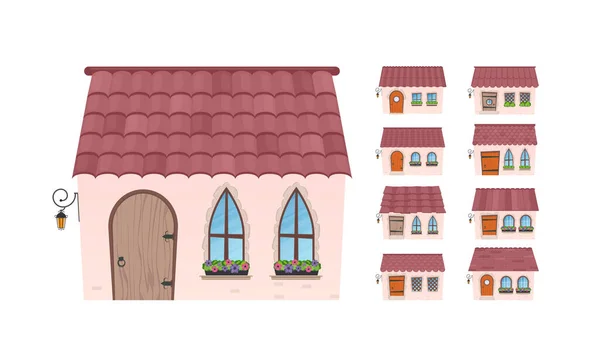 Satu Set Rumah Pedesaan Kecil Rumah Dengan Gaya Kartun Datar - Stok Vektor